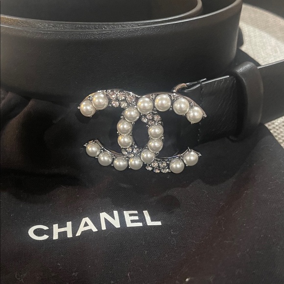 CHANEL Accessories - CHANEL Black Belt with Pearl and Crystal Logo